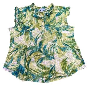 Palm Grove Shirt Women's XL Tropical Palm Leaf Flutter Sleeve Pintuck Top Green